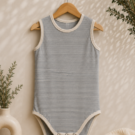 Blauw gestreepte body met drukknopen in grote maten