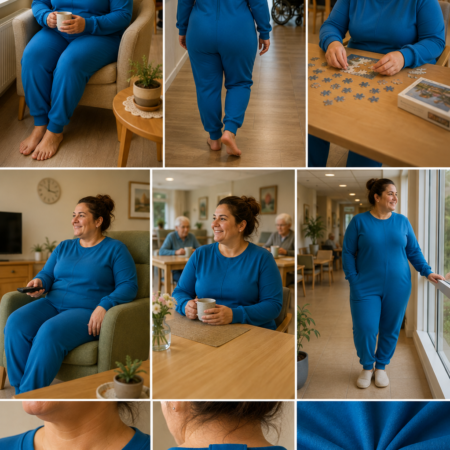 Volwassen vrouw draagt aqua aangepaste hansop met lange mouwen, lange pijpen en beschermde rugrits