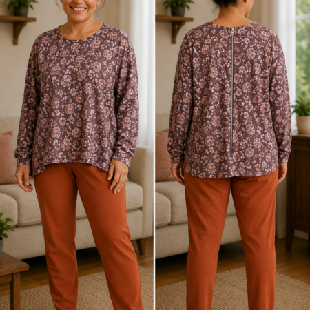 Dames aangepast huispak in T-shirt model met bloemendessin, roestkleurige broek en rugrits