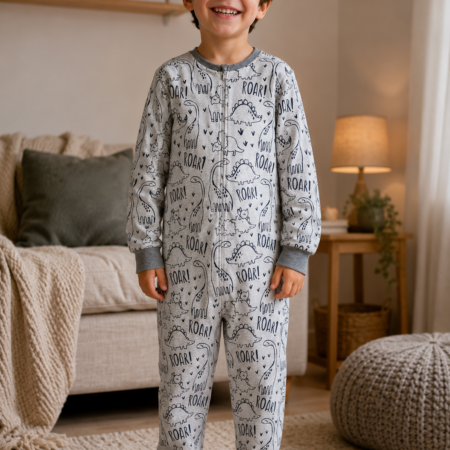 Warme hansop voor kind in grijze sweaterstof met dinosaurusprint