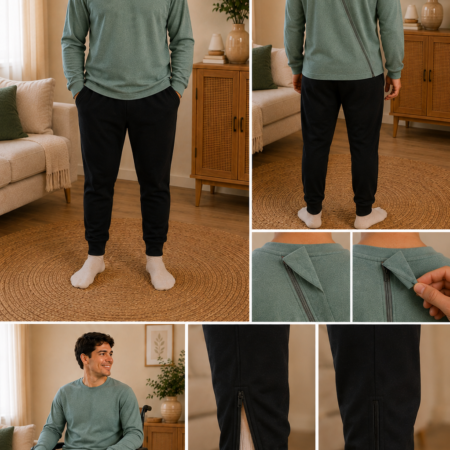 Man draagt T-shirt Jumpy voor rolstoelgebruikers met donker mint bovenstuk en zwarte broek