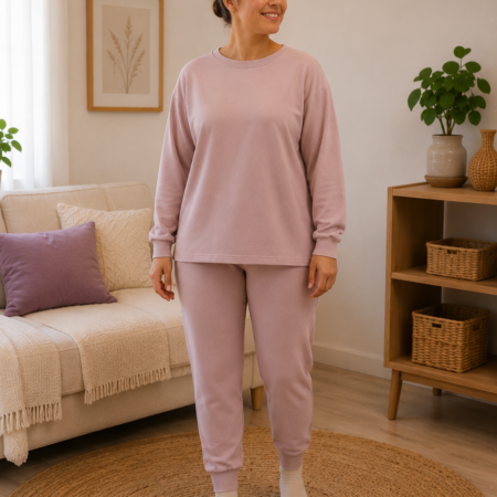 Vrouw draagt aangepast huispak dames met losvallend nude T-shirt en oudroze broek