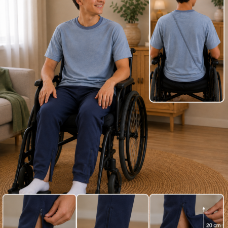 Rolstoelgebruiker draagt lichtblauwe T-shirt Jumpy met diagonale rugrits en 20 cm beenritsen
