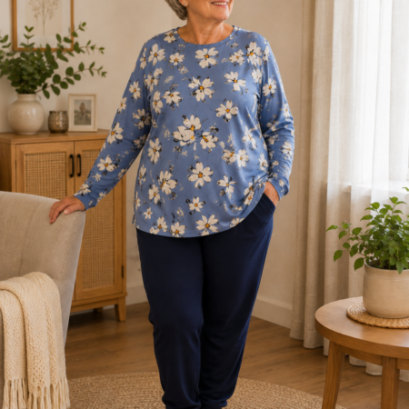 Oudere vrouw draagt aangepast huispak met blauw bloemenbovenstuk en navy broek