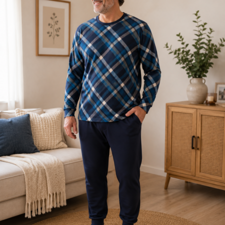Man draagt aangepast huispak heren met blauw geruit flanellen bovenstuk en navy broek