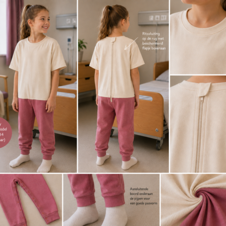 Meisje draagt aangepast huispak kind met crème T-shirt en watermeloen broek