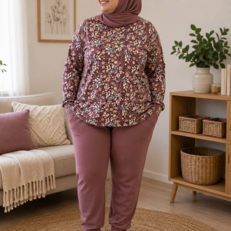 Vrouw draagt aangepast huispak met bordeaux bloemenbovenstuk en oudroze broek