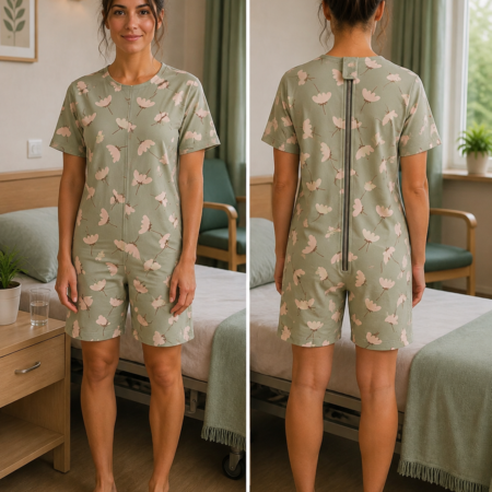 Mintgroene hansop met bloemenprint, korte mouwen, korte pijpen en lange rugrits