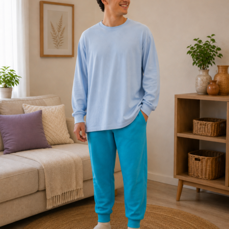 Jongeman draagt T-shirt Jumpy met babyblauw flanellen bovenstuk en aqua stretchbroek
