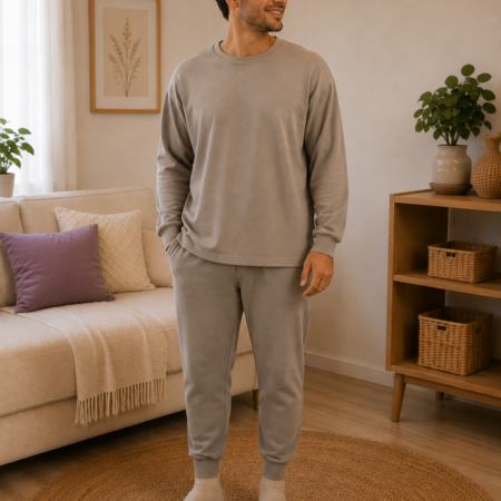 Man draagt grijze T-shirt Jumpy als aangepast huispak uit één stuk