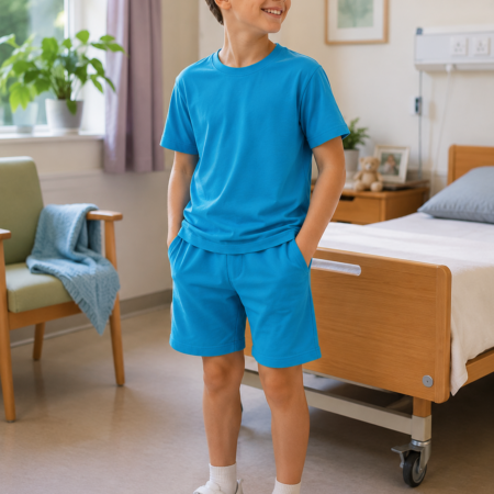 Jongen draagt aqua blauwe T-shirt Jumpy met korte mouwen en korte broekspijpen