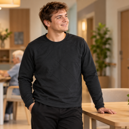 GOZZ anti-scheur shirt met Kevlar® buitenlaag, lange mouwen en ruitvormige doorstikking, plat gefotografeerd.